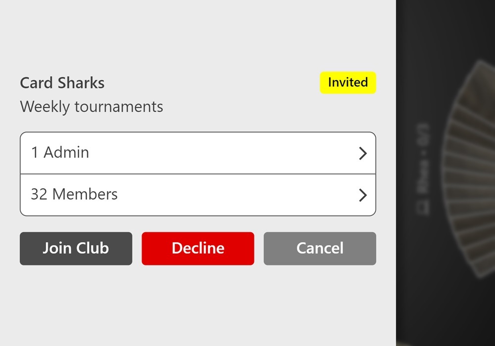 A zoomed-in screenshot of a club invitation in Trickster Cards. The name of the club, Card Sharks, is displayed along with the numbers of admins and members. Options are provided to join the club or decline the invitation.